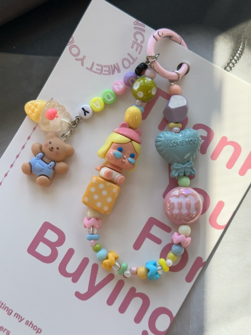 Pastel Cute Beaded Phone Charm with Bear & Heart